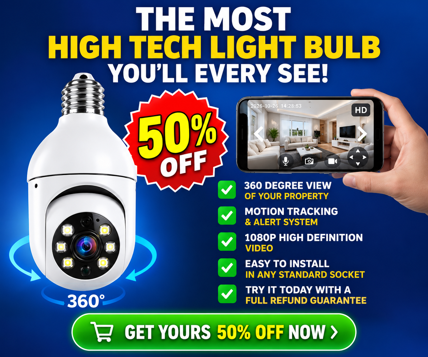 Promotional image of a light bulb-style security camera